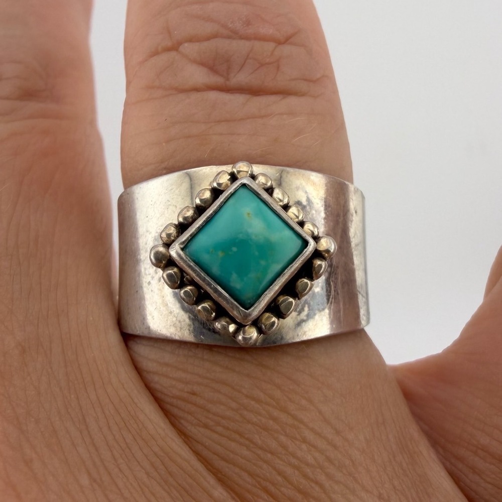 Carol Felley Vintage Turquoise Ring Size 7.5 Sterling Silver Wide Band